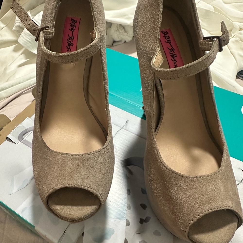 Betsey Johnson Beige Suede Peep Toe Heels